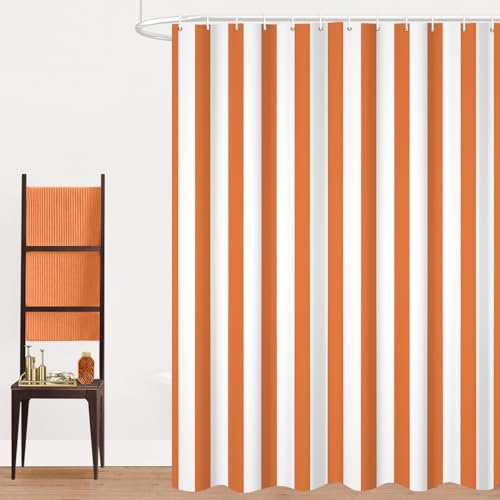 GCIREC Duschvorhang, 180x200cm, Orange und Weiß Moderner Minimalismus Vertikale Streifen Wasserdichter Stoff Maschinenwaschbarer Badezimmervorhang mit Haken