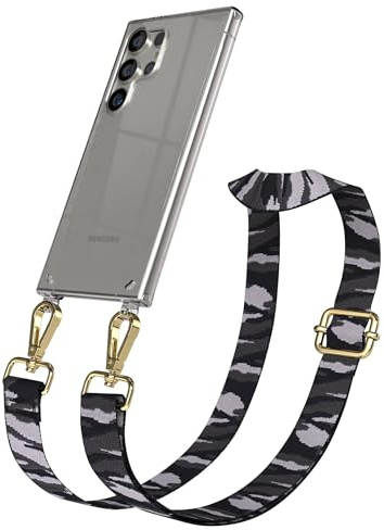EAZY CASE Handykette - Verstellbares Taschenband kompatibel mit Galaxy S24 Ultra, Schulterriemen, Handykordel mit Silikon Hülle, Umhängetasche, Grau Camouflage Gold