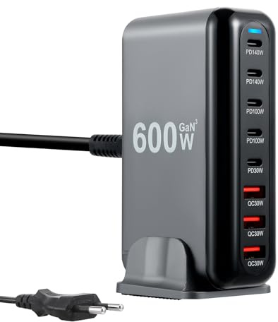 600W USB C Ladegerät Mehrfach, 8 Ports Schnellladegerät Ladestation GaN III Schnellladegerät PD QC, mit 5 USB-C + 3 USB-A Anschlüssen, Kompatibel mit MacBook Pro, Air, Dell, iPhone und Galaxy