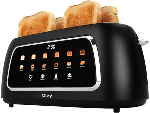 Olvy Tostapane 4 Fette con Display LCD e Timer a Conto alla Rovescia – Fessure Extra Larghe per Pane Spesso – 6 Livelli di Doratura, Scongela e Riscalda – 1500W – Nero