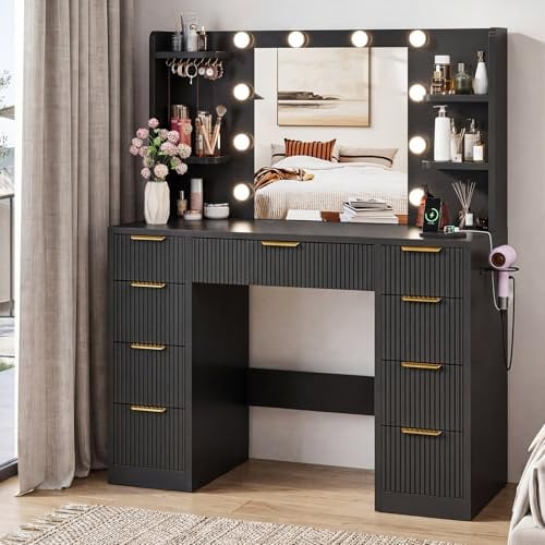 Devoko Moderner Schminktisch mit Beleuchtung & Steckdose – Großer Frisiertisch mit Spiegel, 9 Schubladen, Vanity Desk mit Haartrocknerhalterung, Make-up Tisch, Schwarz