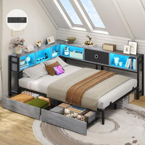 DICTAC 4ft6 Double Bed 135x190 with 2 Storage Drawers, Double Storage bed with LED Lights & Charging Station, Day Bed with Storage, Oak Grey LED Corner Bed – Space-Saving Double Bed with Shelf, Modern