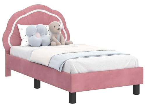 mtlskopl Lit capitonné, 70 x 140 cm, rose, cadre de lit avec tête de lit en velours et bois moderne, sommier à lattes stable, design plat, pour chambre d'amis et chambre à coucher