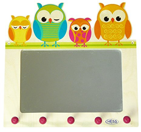 Hess Holzspielzeug 30502 - Garderobe aus Holz, Motiv Eulen, mit Wandspiegel und Haken, für Kinder, ca. 37 x 35 x 8 cm, handgefertigt, als Blickfang in jedem Kinderzimmer und Flur