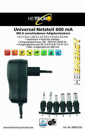 HEITECH Universal Netzteil TÜV geprüft - Netzstecker bis max. 1000mA, 3-12V regelbar, inkl. 6 Adapter Stecker - Netzadapter zur Stromversorgung vieler Elektrokleingeräte