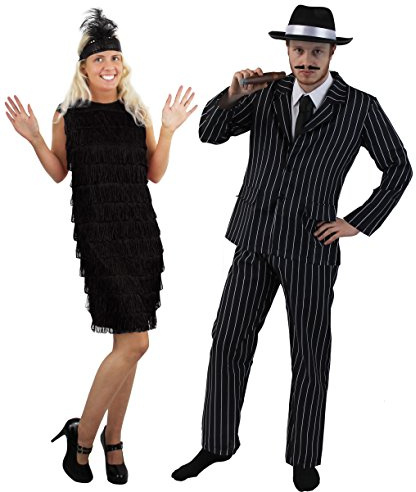 ILOVEFANCYDRESS 1920's=GANGSTER PAARE= HALLOWEEN -KARNEVAL -FASCHING=NADELSTREIFEN ANZUG IN 5 GRÖSSEN +GANGSTER HUT+ ZIGARRE+SCHNÄUTZER +FRANSEN KLEID+STIRNBAND+FEDER = ANZUG-XL+KLEID/SCHWARZ-M