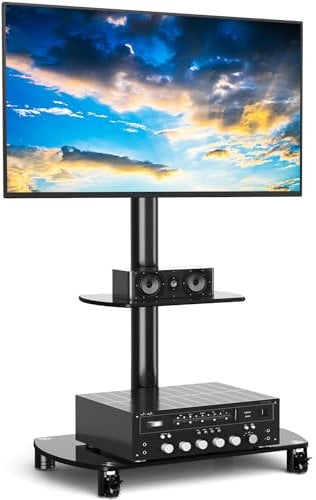 RFIVER Carrello TV da Pavimento Mobile Porta TV Supporto con Ruote Universale Girevole e Ripiano in Vetro per LED LCD Plasma Curvo Piatto 32-70 pollici Nero TF8001