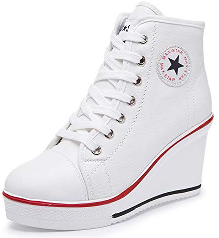 Damen Canvas Schuhe Modisch Keilabsatz 8CM Segeltuchschuhe,Mode Mädchen Turnschuhe Schnürschuhe Reißverschlussschuhe Sneaker für Sport Freizeit Größe 35-43 (Weiß, Numeric_37)