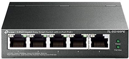 TP-Link TL-SG105PE 5-Port Gigabit Managed LAN PoE Switch mit 4 PoE+ Ports (65 Watt, IEEE-802.3af/at, einfache Konfiguration, IGMP, QoS, VLAN, lüfterlos, robustes Metallgehäuse) Schwarz