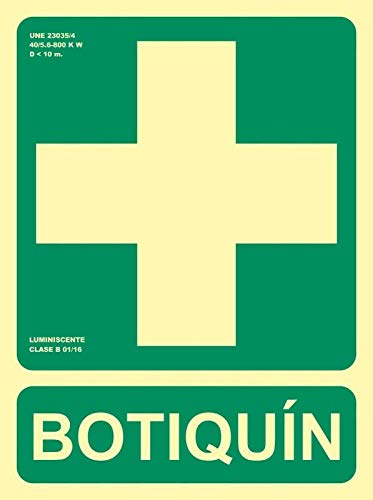 Becral® - Señal luminiscente emergencia BOTIQUIN PVC 1mm Clase A 224X300mm homologado CTE, RIPCI nueva ley ref.A14408