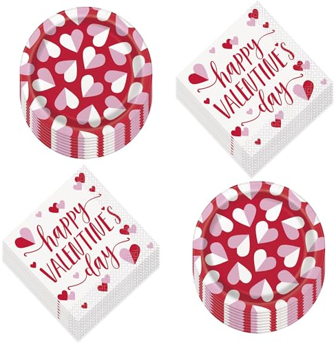 Lot de 16 assiettes et serviettes de table en carton pour la Saint Valentin Motif cœur à pois