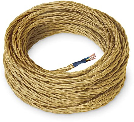 Amarcords - Textile electric cable color GOLD braided silk 3 meters grounded 3x075mm - Wire coated in colored vintage fabric chandelier lamp sconces and lampshades.