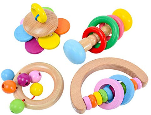 4 Stück Naturholz Handglocke Rassel Holz Montessori Baby Rassel Intellektuelle Kleinkinder Greifling Beißen Spielzeug zur Verbesserung der Motorik