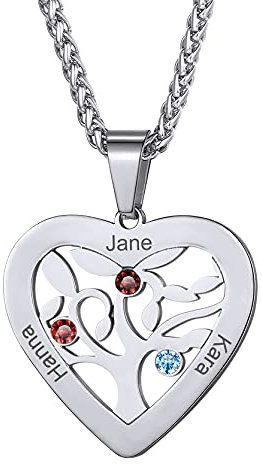 GoldChic Collier Personnalisé Prenom Pendentif Arbre de Vie Pierre de Naissance Femme Nom Gravé Chaine au Coeur Fille Acier Silver Bijoux Cadeau Fête des Mères Noël Mariage