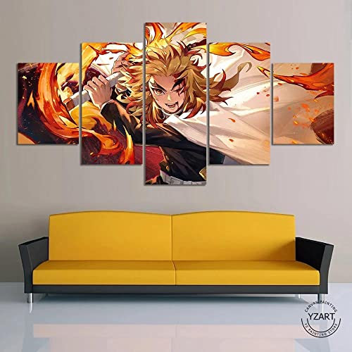 Wondbeau Leinwanddrucke Modulare Wandkunst Wandaufkleber 5 Teiliges Wandbild Druck auf Leinwand Malerei Moderne Abstrakte Poster Mit Rahmen L/150cm×80cm Kyojuro Rengoku,Demon Slayer Anime