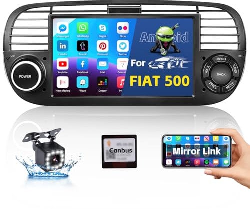 Android Autoradio con Schermo per Fiat 500 2007-2015 Bluetooth Stereo Auto Radio con 7 Pollici Touchscreen con FM Supporto Mirror Link per iOS/Android USB/WiFi Retrocamera+CANBUS