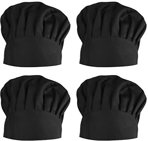 4 Piezas Gorros de Cocinero Negro Hombre Mujer, Gorro Chef Ajustable Unisex Profesional, Transpirable Sombrero Cocina para Adulto Restaurante Barbacoa Hornear Cocinar (Negro)