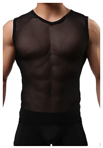 Detwen Canottiera da uomo, trasparente, senza maniche, maglietta da uomo, in rete, per clubwear, Nero , M