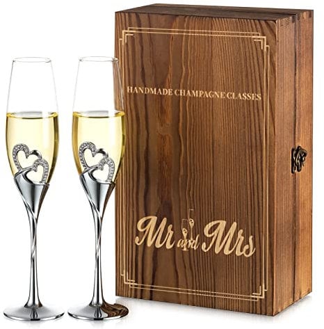 NUPTIO Flûtes à Champagne Mariage: Flûte à Champagne Personnalisée Coffret Cadeau en Bois Cristal Prosecco Verre Ensemble de 2, Ensemble Cadeau Argent Toast Anniversaire Fête Nuptiale Douches