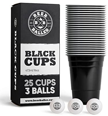 Black Cups - 25 schwarze Party Becher & 3 Bälle | spülmaschinenfest & wiederverwendbar | 473ml - 16oz Partybecher | schwarze Party Cups | Original American Red Cups