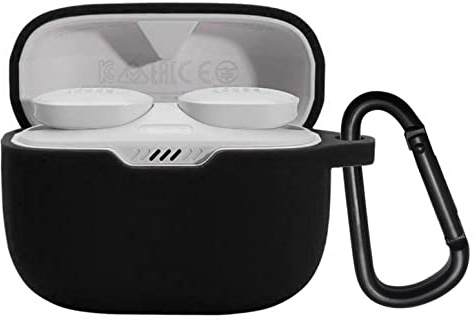 Soft Silicone Protective Case Cover Compatible with JBL Tune 130NC TWS True Wireless Earphones Shockproof Portable Cover with Carabiner（Black）