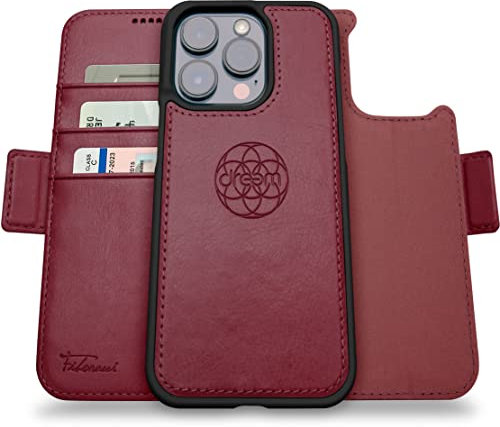 Dreem Fibonacci Étui portefeuille pour 14 Pro Max/étui MagSafe antichoc 2-en-1 et folio détachable en cuir végétalien de luxe avec protection de carte RFID et support; pour femmes et hommes -Bourgogne