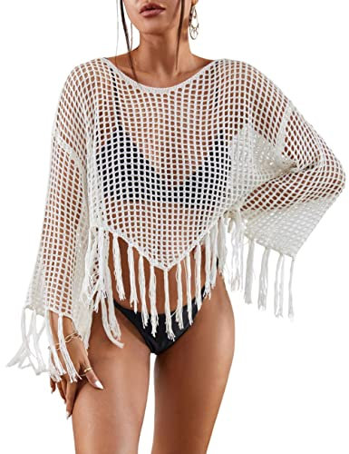 Bsubseach Beach Cover Up for Swimwear Women Long Sleeve Crochet Top Hollow Out Swimsuit Coverup White