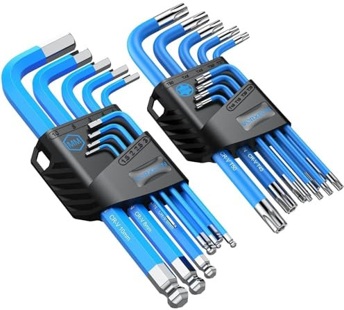 VORXEON Jeu de clés 18pcs Clé allen Clé torx star étoile, Clé à six pans métrique Tête sphérique plate, Tête Clé star percée coudée 1.5mm à 10mm et T10 à T50