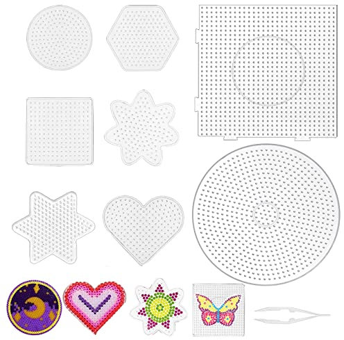 Bügelperlen Steckplatte, 8 Stück Bügelperlen Platte Set, Groß Bügelperlen Vorlagen mit Pinzette, Transparent Bügelperlen Vorlagen, 5mm Bügelperlen Schablonen, DIY Bügelperlen Stiftplatten Set