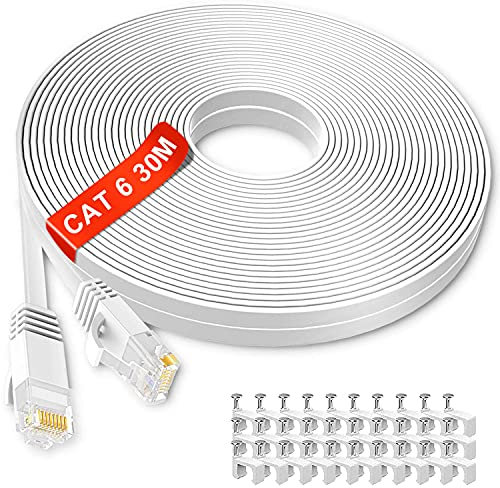 Cavo Ethernet 30 metri, Cat6 Piatto Cavo Internet 30m Lunghi RJ45 Gigabit Alta Velocità Cavo di Rete, Facile da installare Cavo LAN, 250MHZ Banda Larga Bianco Cavo Patch per Router Modem Switch PS5