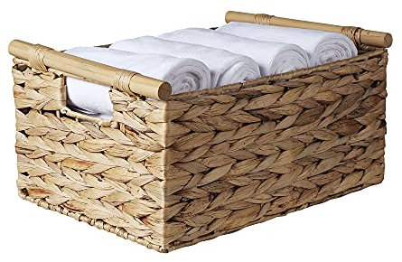 Hand-Woven Wicker Basket With Handle,Rectangular Storage Basket,Water Hyacinth Woven Basket,Magazine Shelf Basket,Towel Storage Basket for Living Room Bathroom Office (Large 14.3 x 10.6 x 6.4 In)