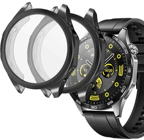 sciuU Protective Case compatible with Huawei Watch GT 4 46mm, [2 Pack] All-around Flexible TPU Case with Screen Protector, Soft Frame Shock Resistant Cover fit GT4 Smartwatch - Black + Black