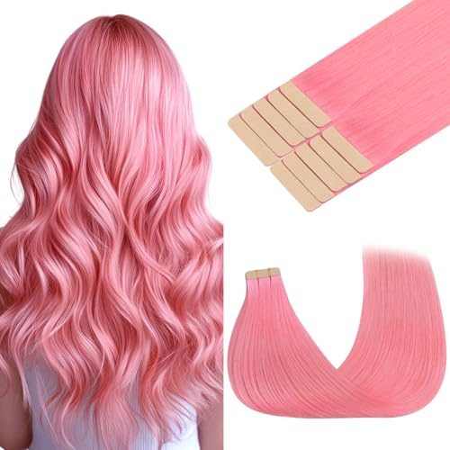 GOO GOO Tape in Hair Extensions Human Hair, Peach Pink, 20inch 30g 10pcs | Remy Hair, Pink Hair Extensions, Silky Smooth, Tangle-free, Long-lasting, Heat-safe, for Party, Events, Highlighted Styles