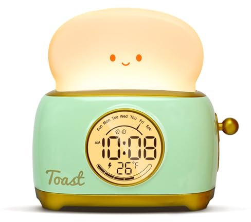 WANIDEA Niedliche Toasterlampe mit digitalem Wecker, Wecker für Kinder, 1200 mAh wiederaufladbares Nachtlicht, dimmbares LED-Nachtlicht, bestes Geschenk für