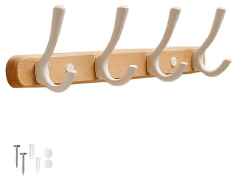 Koomuao Jumuao Porte-manteau mural en bois, Patere Murale Avec 4 Crochets Porte Chapeau d'entrée Crochets Vêtements Porte Serviettes Crochet Salle De Bain Chambre et Vestiaire (Blanc-4 Crochets)