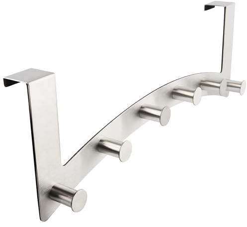 RICOO Türhaken zum Einhängen MH027S-6 Türgarderobe 6 Haken aus Stahl 1 Stück Kleiderhaken Tür ohne Bohren aus robustem Edelstahl 39x15x5,3 cm silber