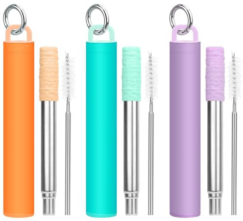 Tanhala Metal Reusable Travel Drinking Straw - 3 Pack Collapsible Stainless Steel Straws with Cleaning Brush & Silicone Tips Portable Telescopic Drinking Straws with Storage Case & Keychain Ring 3P2