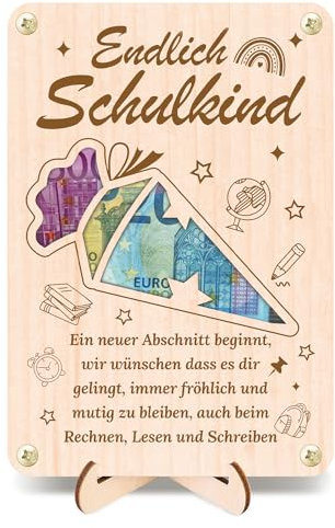 HOWAF Geldgeschenk Einschulung aus Holz - Geschenke zur Einschulung Geldgeschenk Schulanfang Deko, Karte Einschulung Tischdeko für Schultüte Füllung, Schulkind Geschenk Einschulung Junge Mädchen