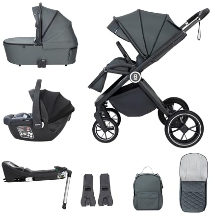Babymore Kai Travel System with Coco i-Size Infant Car Seat - Safety Tested 3 in 1 Pram Travel System with Isofix Base & All Accessories, Flip and Fold System, 0-4 Years | Upto 22 Kg - Forest Grey