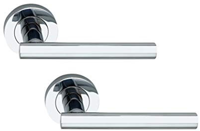 Infinity Decor Pair of Modern T Bar Lever Latch Door Handles on Round Rose Brass Set - Suitable for Interior & Exterior Doors  (Polished Chrome)
