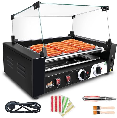 JMOZHCD Rodillo para Perros Calientes, asador de Salchichas de 1000 W con Bandeja de Goteo extraíble y Tapa, Calentador de asador de Salchichas con Rodillo Antiadherente ()