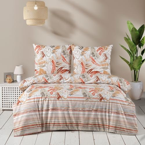 ZIRVEHOME Bettwäsche 200x220 Beige 3-teilig Baumwolle Bettwäsche-Set warm und Kuschelig Kissenbezug Baumwoll Bettbezug exotisches Blätter und Streifenmuster Orange, Braun. Oliva