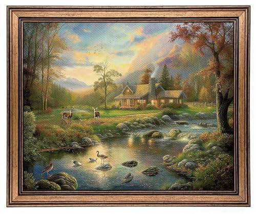 Gold Framed Wall Art Countryside Cabin Landscape Painting Canvas Print Artwork Picture Wall Decor for Bedroom Living Room (cabin by stream, 10L x 8W)