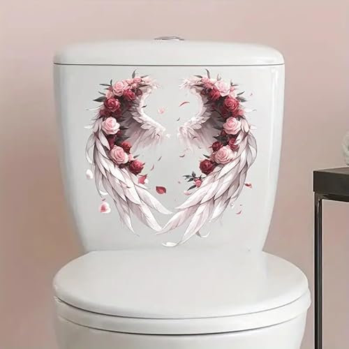 Charming White Angel Wing Decal Toilet Cover Sticker Decals,Fish Bird Flower Leaf Waterproof Toilet Lid Tank Seat Decals Cistern Self-Adhesive Bathroom Wall Sticker
