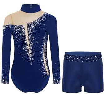 iEFiEL Mädchen Turnanzug Gymnastik Trikotanzug Glänzende Tanzbekleidung Langarm Tanzbody Klassisch Gymnastikanzug Yb Navy blau B 122-128