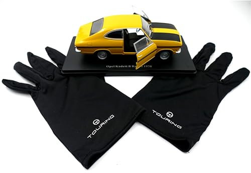 TOURING MODELCARS Opel Kadett B Rallye, gelb/schwarz 1970 Modellauto 1:24 inklusive satinierten Präsentationshandschuhen