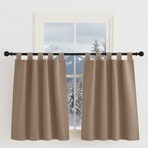 KGORGE Blickdichte Scheibengardinen Küche Modern Schlaufenvorhang Kurz | Cappuccino, H90 x B90 cm, Schlaufenschal 2er Set, Thermovorhang Kälteschutz, Verdunkelung, Sonnenschutz, für Schafzimmer