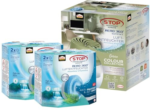 Pattex AERO 360° Kompakt Luftentfeuchter Green Colour Collection, 1 Gerät inkl. 1 Nachfülltab & Nachfüll Tabs Frischer Wasserfall, geruchsneutralisierend, 2x Nachfüllpack (3+1 x 450g)
