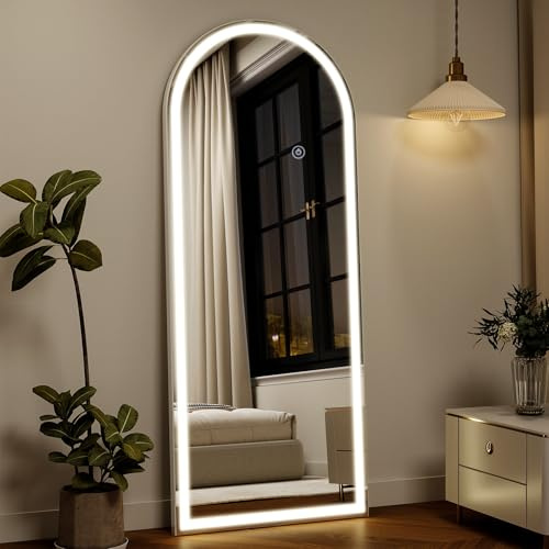 Koonmi 140x50 cm Arched LED Full Length Mirror with Lights, Light-adjustable Full Body Mirror with Stand Equipped with Touch Buttons, White