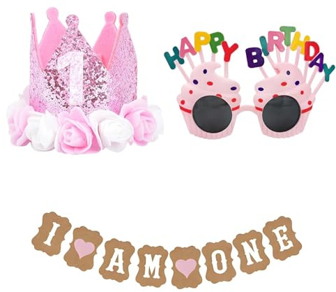3 Pcs Baby Girl 1st Birthday Decoration Set - 1st Birthday Crown (Floral), Banner & Glasses, Adjustable Size, Ideal for Baby Girl's Party Decor & Photo Props, 1st-Year Gifts for Girls (Pink)